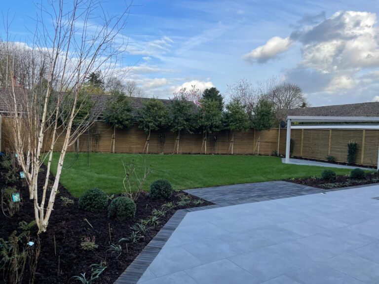 A serene garden with lush green grass, neatly arranged plants, and a modern patio under a blue sky