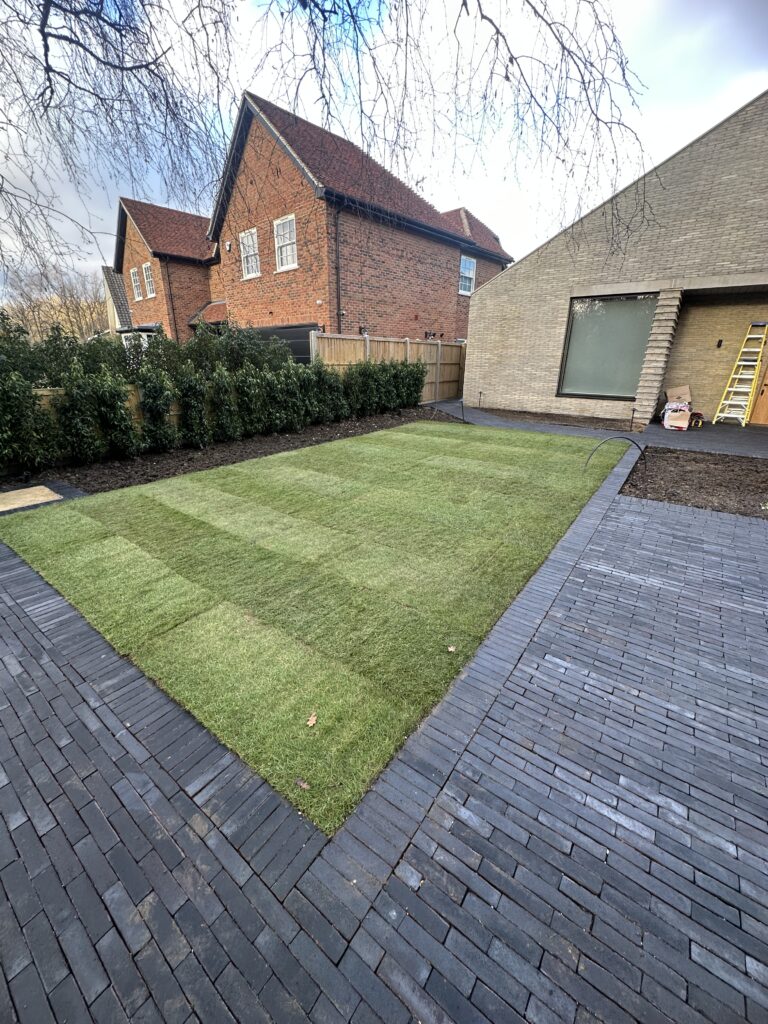 Lush green lawn installation beside modern brick house, featuring sleek pavers and neatly trimmed hedges for outdoor beauty