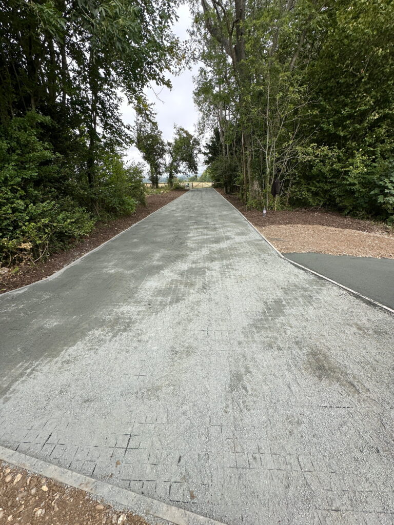 A wide, newly paved path surrounded by trees, leading to an open area. Cloudy skies above enhance the tranquil setting