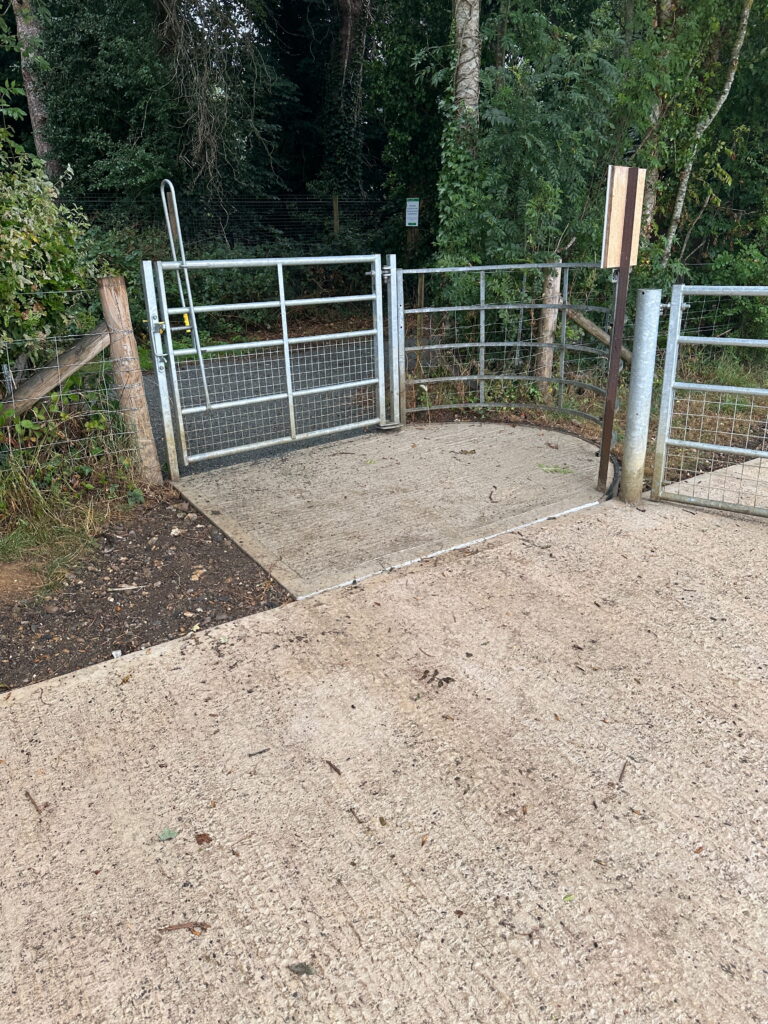 A metal gate opens to a narrow path surrounded by trees, leading into a wooded area
