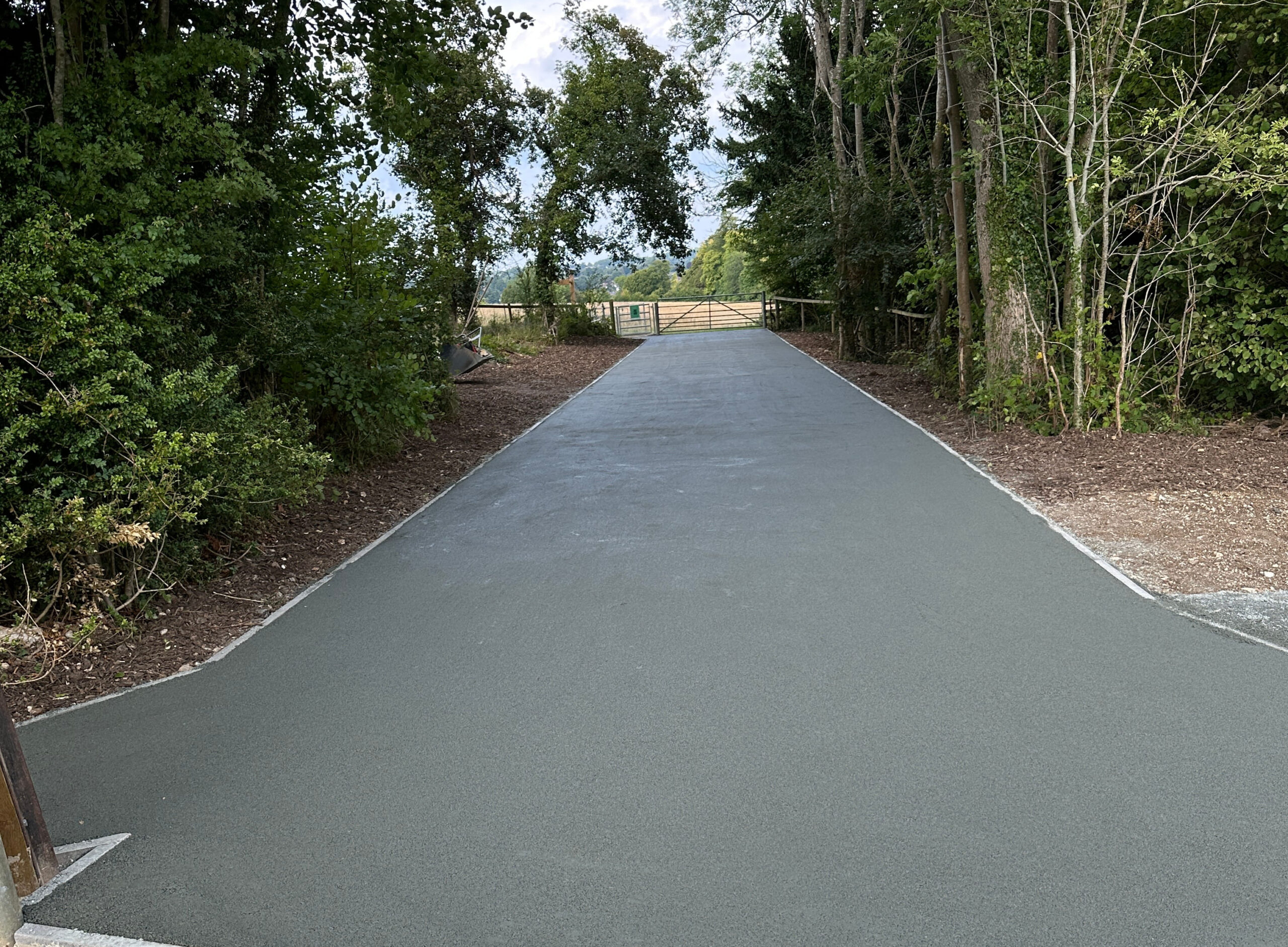 A newly paved path leads through greenery, ending at a wooden gate, inviting exploration and nature walks