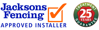 Jacksons Fencing approved installer logo showcasing 25-year treatment guarantee for quality fencing solutions. Reliable service and expertise highlighted
